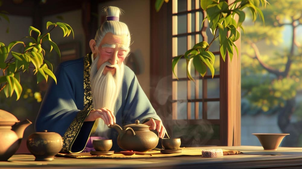 A 3D animated illustration of an elderly Taoist sage with a long white beard, performing a tea ceremony in a traditional room.