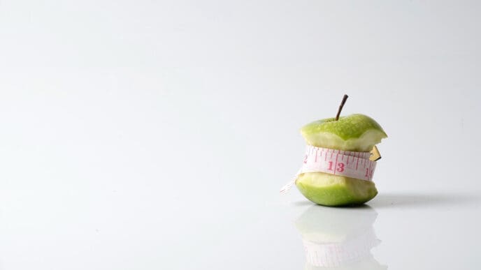 An eaten green apple core stands on a white, reflective surface, with a pink measuring tape wrapped around it, symbolizing the concept of dieting and a "detox myth."