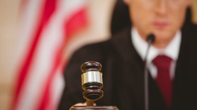A gavel resting on a sound block with a judge in the background.