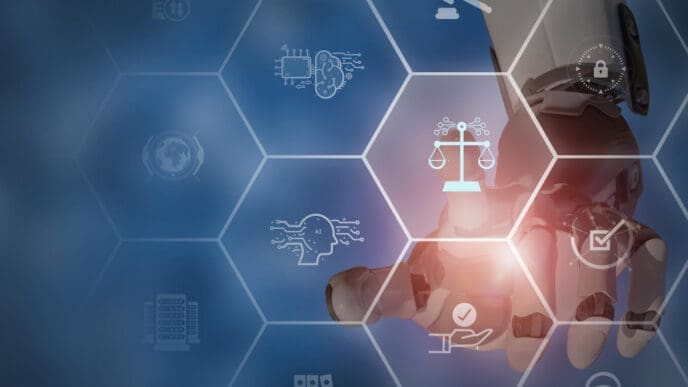 A robotic hand is shown with a glowing hexagon grid overlaid, containing icons for artificial intelligence, law, and data.
