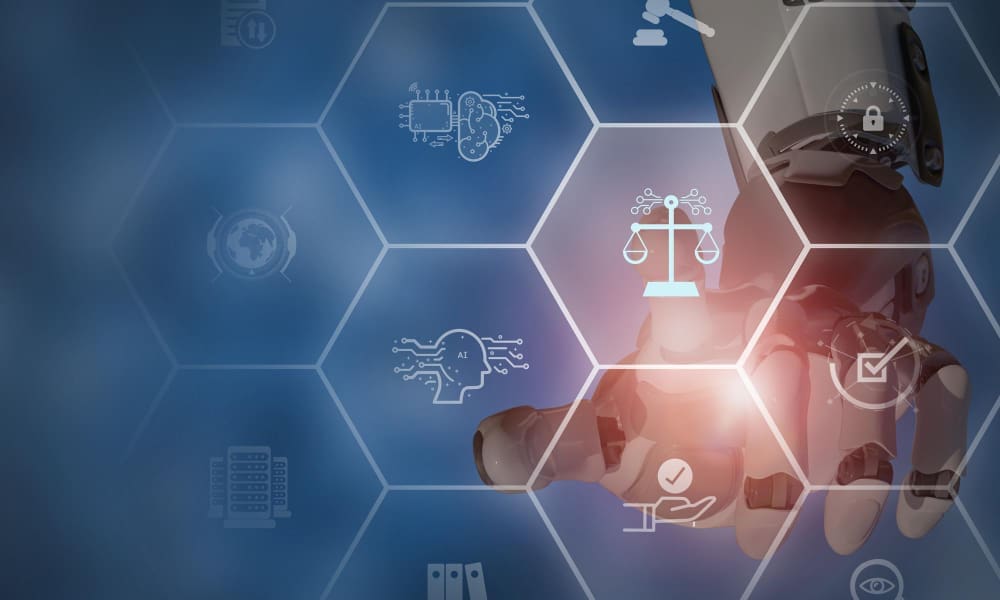 A robotic hand is shown with a glowing hexagon grid overlaid, containing icons for artificial intelligence, law, and data.