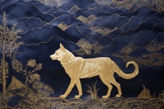 An ornate and stylized illustration of a golden-beige dog with a swirling tail, walking in a natural landscape with abstract mountains and trees, all rendered in gold and dark blue, representing the Metal Dog.