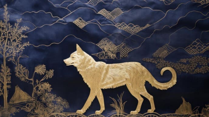 An ornate and stylized illustration of a golden-beige dog with a swirling tail, walking in a natural landscape with abstract mountains and trees, all rendered in gold and dark blue, representing the Metal Dog.