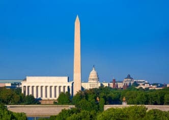 The National Mall in Washington, D.C., with the Washington Monument, Lincoln Memorial, and U.S. Capitol Building under a clear blue sky.