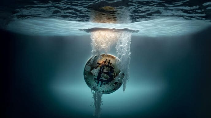 A conceptual image of a golden Bitcoin coin sinking underwater, with bubbles and light streaming from its top to the surface.
