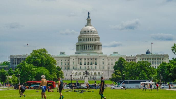The US Capitol Building with its dome is visible in the background, with a large green lawn in the foreground where people are playing and walking.