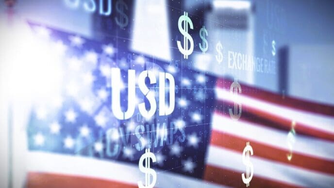 A conceptual image featuring a blurry American flag with the word "USD" and several floating dollar signs overlaid on top, in front of a hazy city skyline.