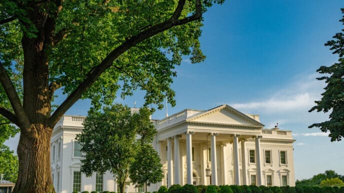 The White House is visible on a sunny day with lush green trees in the foreground.
