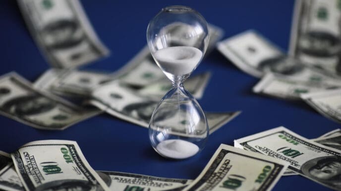 A clear glass hourglass stands on a blue surface, surrounded by scattered one-hundred dollar bills.
