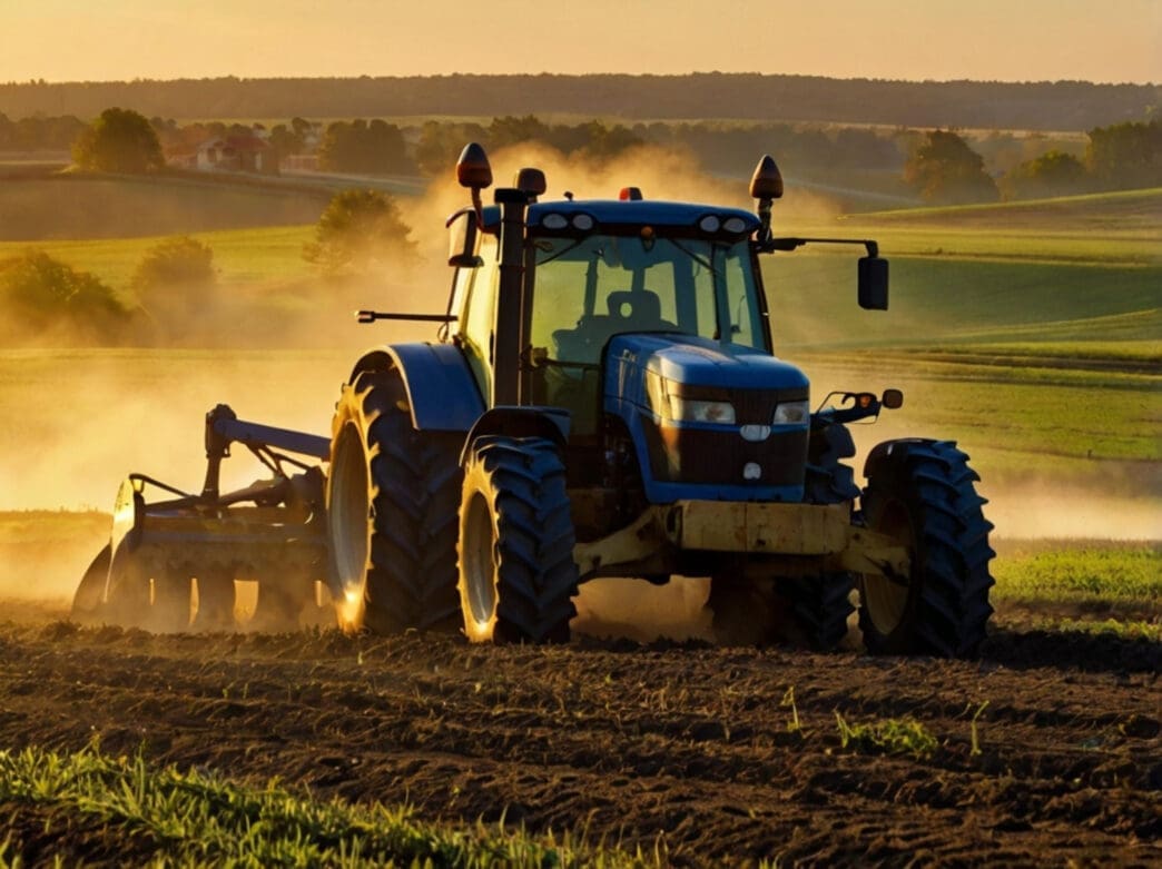 A tractor drives through a field at sunset, stirring up dust, with a golden sun in the background.