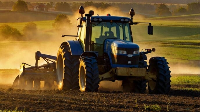 A tractor drives through a field at sunset, stirring up dust, with a golden sun in the background.
