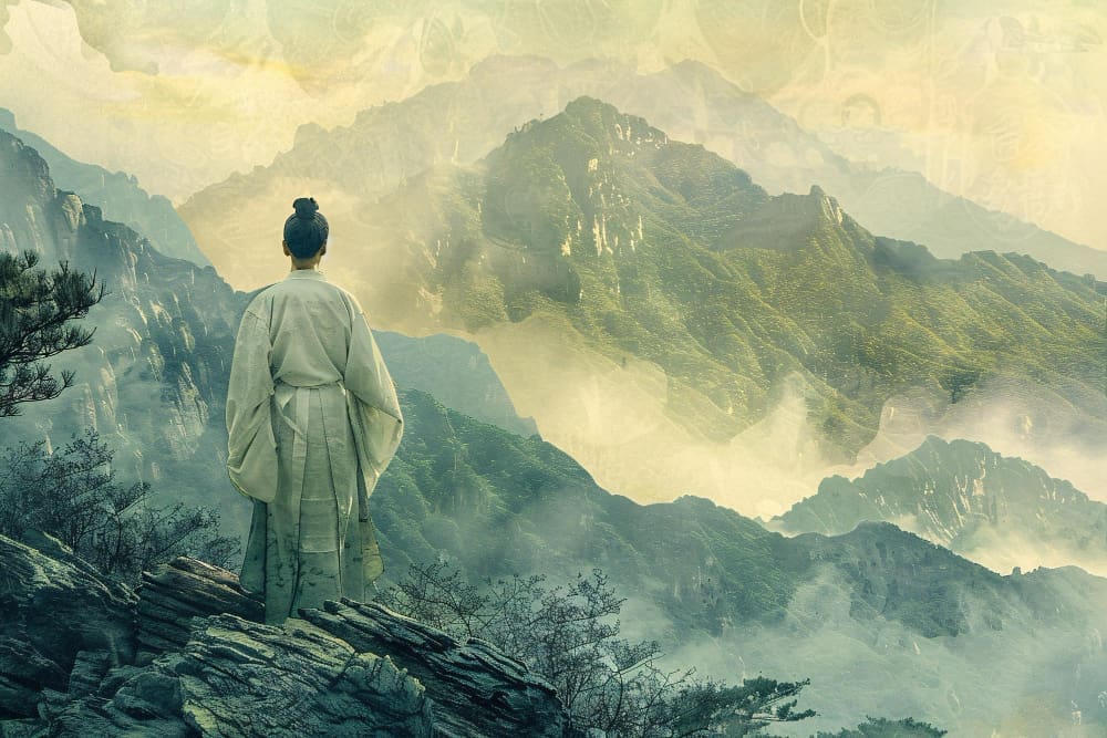 A person in a traditional robe stands on a mountain ridge, looking out over a vast, misty mountain landscape, in the style of a traditional painting.