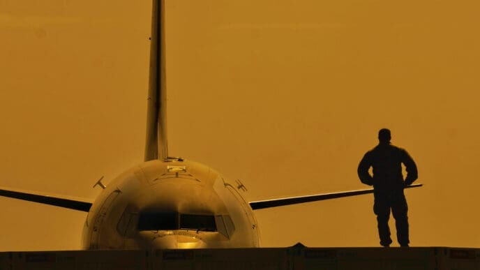 The silhouette of a person stands on a platform in front of the nose and wings of a commercial airplane against a golden sunset sky.