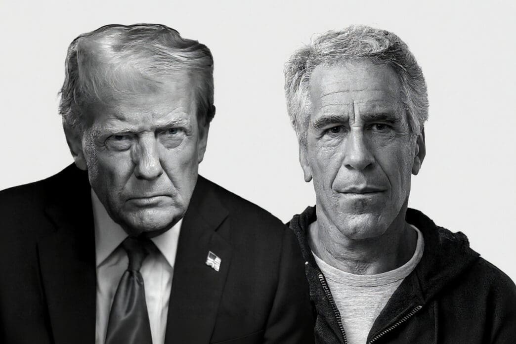 A black and white collage showing side-by-side portraits of Donald Trump in a suit and Jeffrey Epstein in a hoodie.
