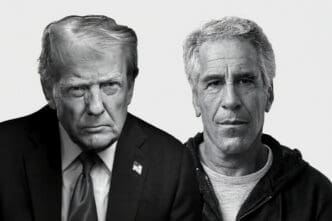 A black and white collage showing side-by-side portraits of Donald Trump in a suit and Jeffrey Epstein in a hoodie.