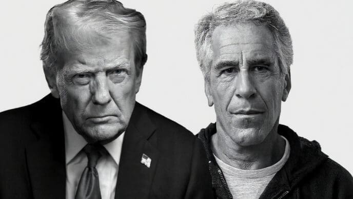 A black and white collage showing side-by-side portraits of Donald Trump in a suit and Jeffrey Epstein in a hoodie.