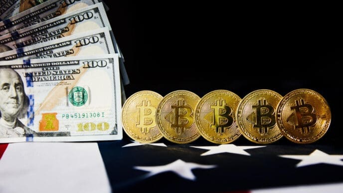 A fan of US hundred-dollar bills is on the left, a row of golden Bitcoin coins stands on the right, and the red, white, and blue of the American flag is in the foreground.