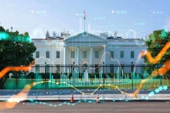The White House is overlaid with a digital graph of financial data, symbolizing the economy
