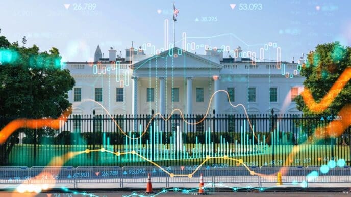 The White House is overlaid with a digital graph of financial data, symbolizing the economy