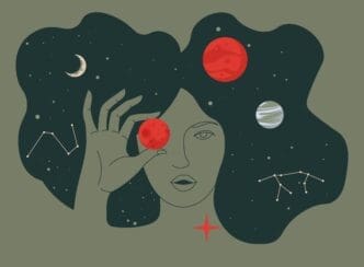 A whimsical illustration of a woman with long, dark, cosmic hair, holding a red planet in her hand. Other planets, a moon, and constellations are visible within her hair, against a grey-green background, symbolizing an understanding of the zodiac.