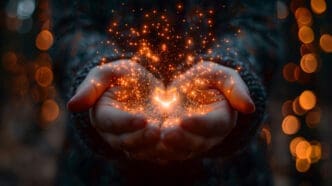A pair of cupped hands holding a glowing, magical book made of golden-orange particles.