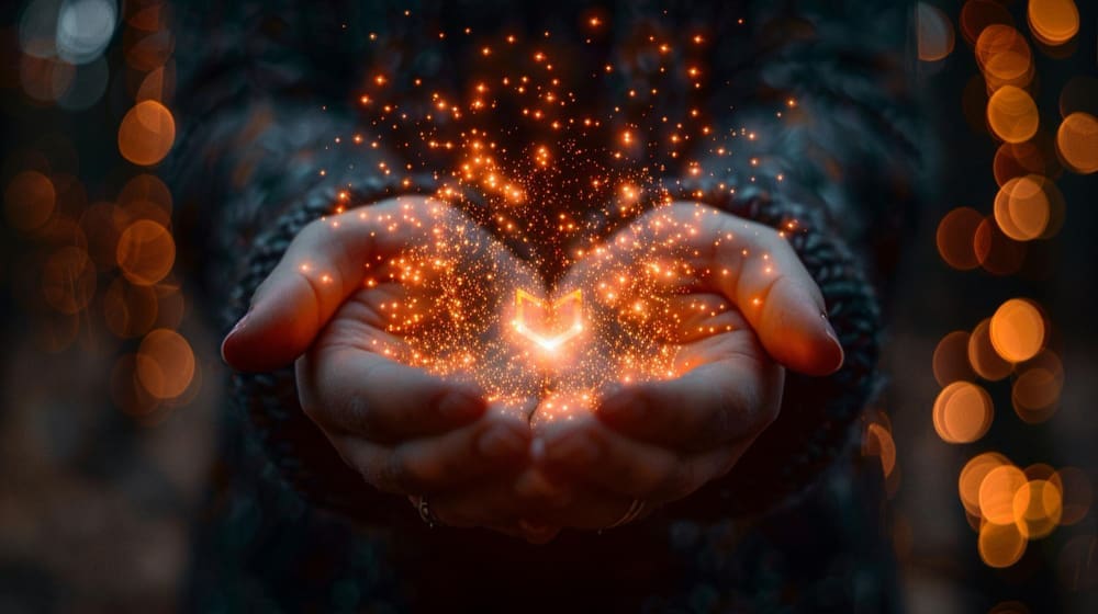A pair of cupped hands holding a glowing, magical book made of golden-orange particles.