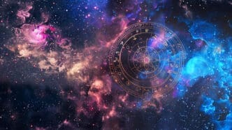 An astrological chart with zodiac symbols floating in the middle of a colorful, star-filled cosmic galaxy.