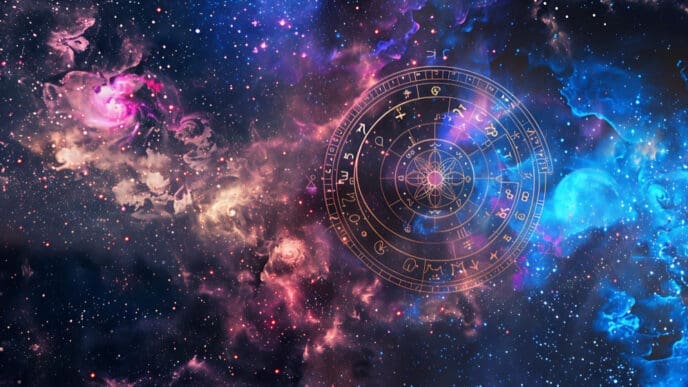 An astrological chart with zodiac symbols floating in the middle of a colorful, star-filled cosmic galaxy.