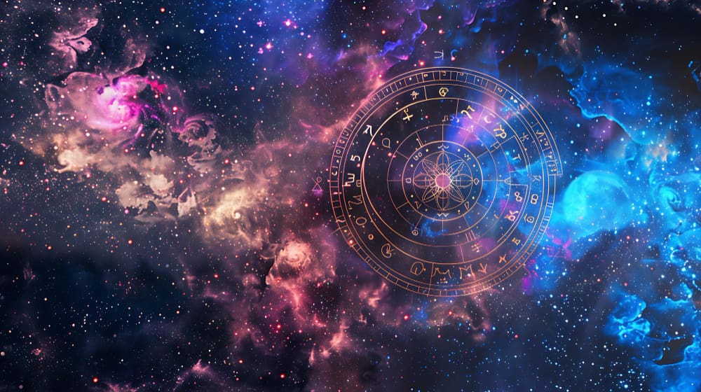 An astrological chart with zodiac symbols floating in the middle of a colorful, star-filled cosmic galaxy.