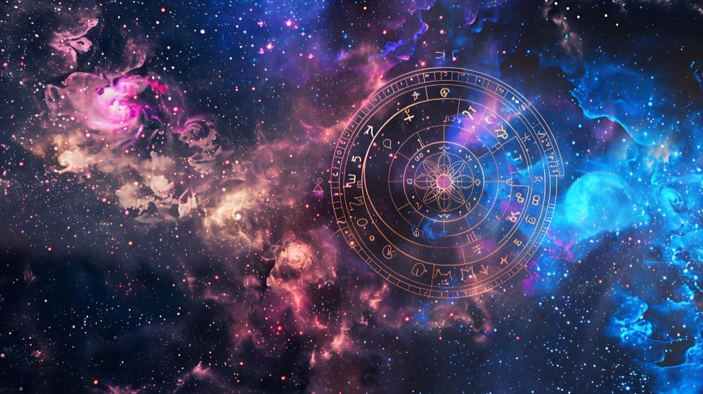An astrological chart with zodiac symbols floating in the middle of a colorful, star-filled cosmic galaxy.