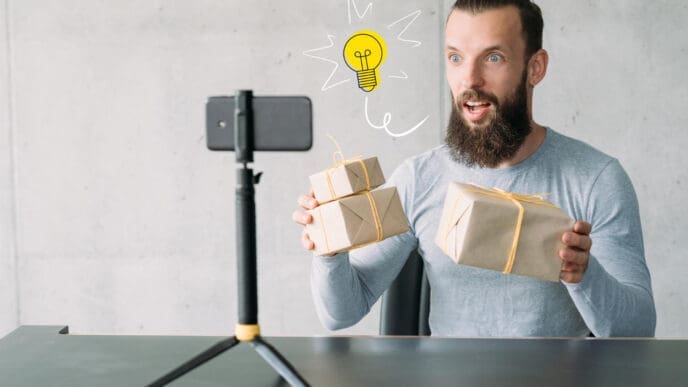 A young man with a beard records a video on his smartphone, holding up gift-wrapped boxes with an enthusiastic expression and a cartoon lightbulb above his head.