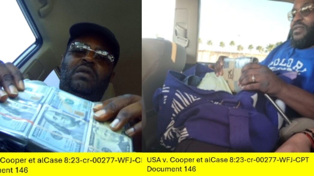 A composite image of Virgil Cooper in a car, showing him holding a large bundle of cash and also a cardboard box over a duffel bag.