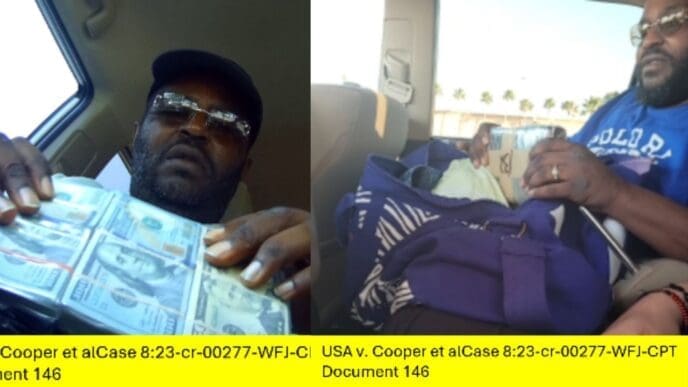 A composite image of Virgil Cooper in a car, showing him holding a large bundle of cash and also a cardboard box over a duffel bag.
