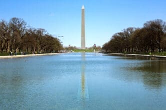The Washington Monument is perfectly reflected in the Reflecting Pool, with a row of trees on each side under a clear blue sky.