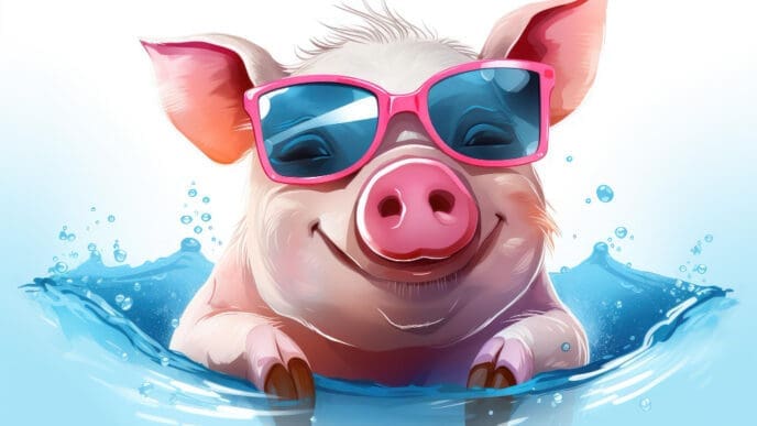 A cartoon illustration of a happy pig wearing pink sunglasses, splashing in blue water.
