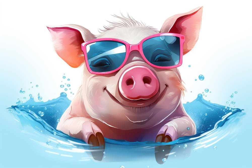 A cartoon illustration of a happy pig wearing pink sunglasses, splashing in blue water.