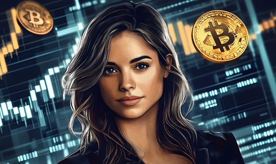 A digital illustration of a woman looking forward, with large, glowing Bitcoin coins and blue financial charts in the background.