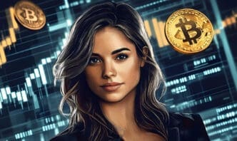 A digital illustration of a woman looking forward, with large, glowing Bitcoin coins and blue financial charts in the background.