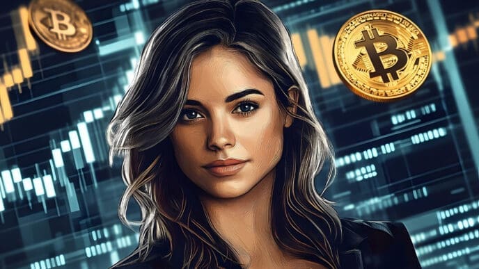 A digital illustration of a woman looking forward, with large, glowing Bitcoin coins and blue financial charts in the background.