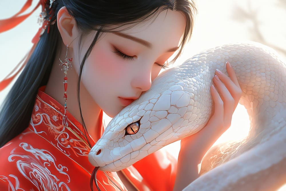 A digital illustration of a woman in a red Chinese dress with her eyes closed, gently holding a large white snake with glowing orange eyes.