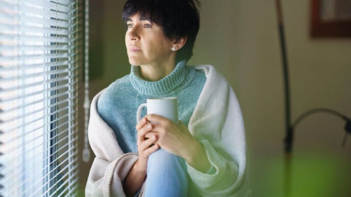 A serious woman with short dark hair, wrapped in a white blanket and a blue turtleneck sweater, sits and looks pensively out a window, holding a white mug.