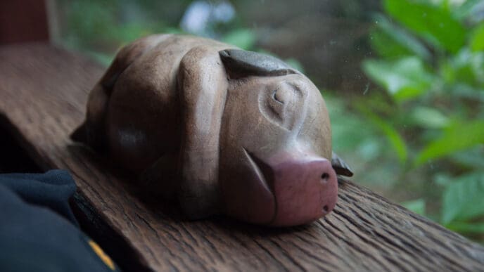 A close-up of a small, carved wooden pig figurine with a pink nose, lying on a wooden windowsill.