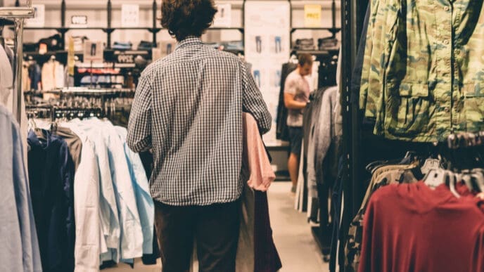 A young man, seen from behind, walks down a crowded aisle in a casual clothes store, carrying garments in his arms.