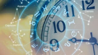 An artistic image of a vintage clock face in the background, with a glowing blue astrological chart of zodiac signs and their constellations overlaid on the foreground.