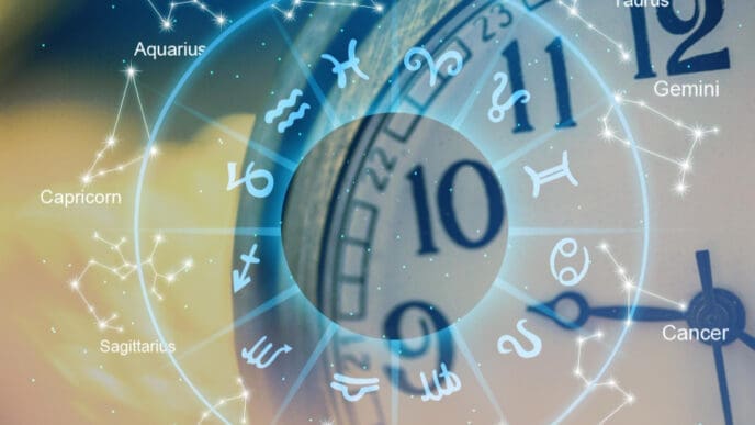 An artistic image of a vintage clock face in the background, with a glowing blue astrological chart of zodiac signs and their constellations overlaid on the foreground.