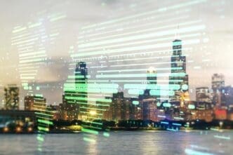 Abstract world map interface superimposed over a Chicago skyline, representing international trade.