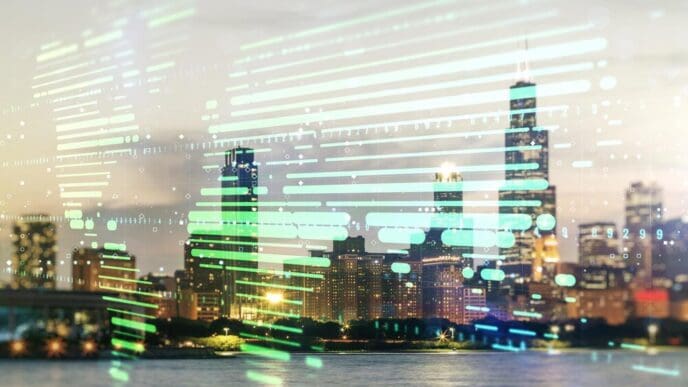 Abstract world map interface superimposed over a Chicago skyline, representing international trade.