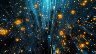 Abstract digital cityscape with glowing lights and geometric shapes.