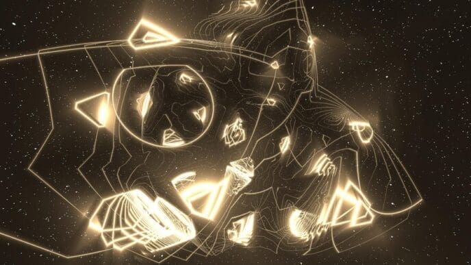 Abstract 3D digital art features a futuristic design with flowing lines and geometric shapes.
