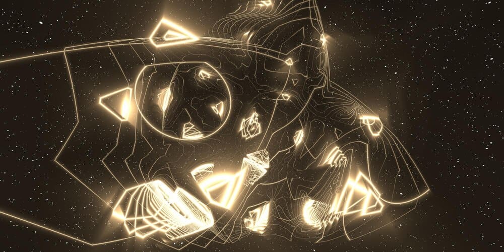 Abstract 3D digital art features a futuristic design with flowing lines and geometric shapes.